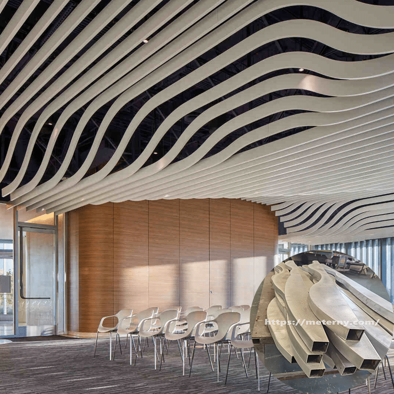 Close-up view of Customized Aluminum Strips Ceiling in a commercial setting.